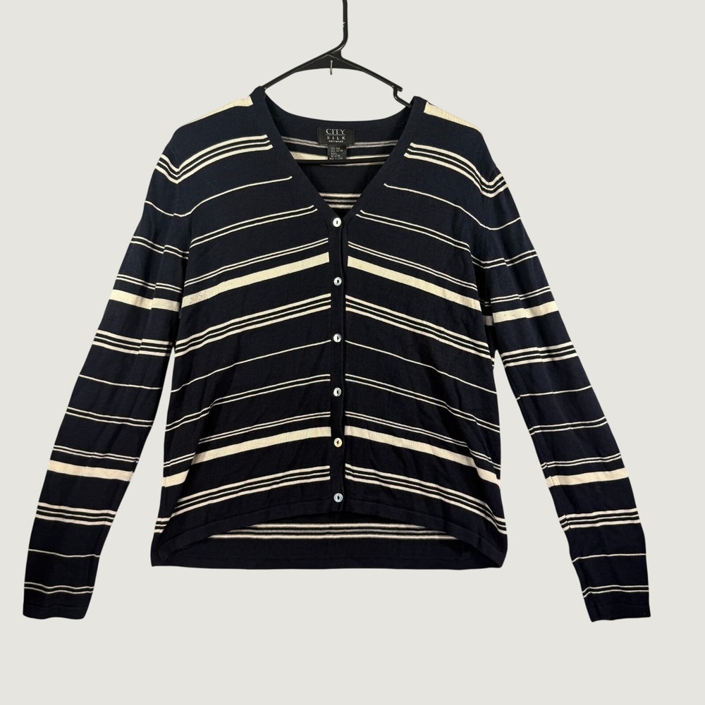 Vintage Silk Striped Cardigan Womens L  Black Tan Button Whimsy Clean Girl Y2K
